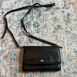 Michael Kors Black Pebbled Leather Crossbody with Gold MK Accent